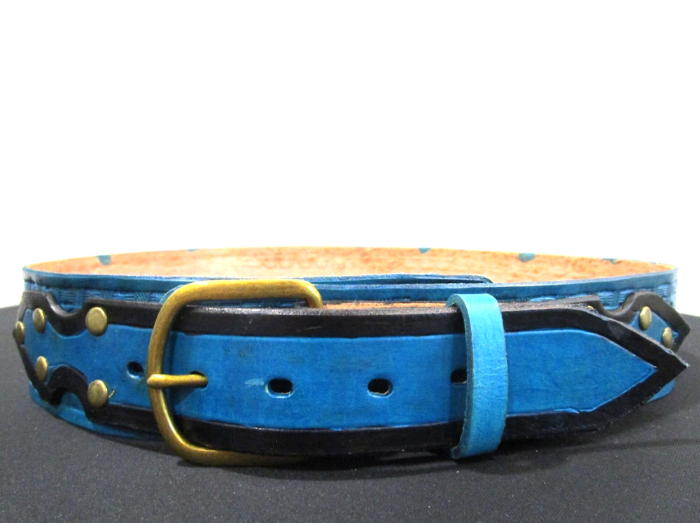 Handmade Teal Blue Western Tooled Leather Brass Buckle Wide Belt Women L 34"-38"
